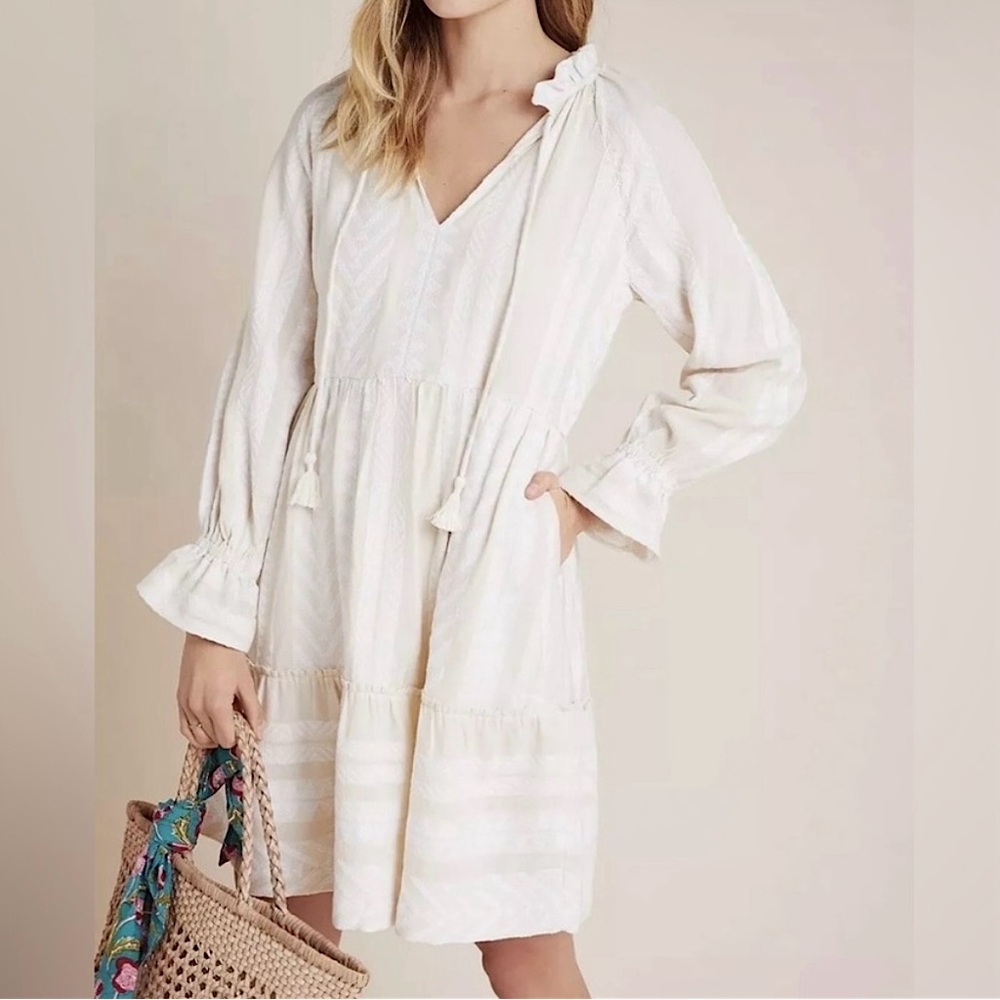 Maeve Anthropologie‎ Dominique Embroidered Tunic Dress Ivory Cream Size XS